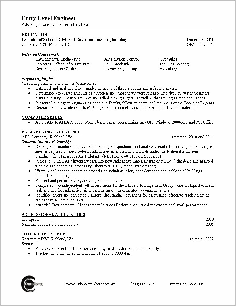 Objective For Resume Entry Level Project Engineer