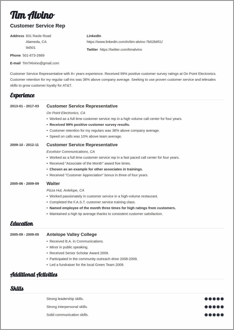 Objective For Resume Examples For Customer Service