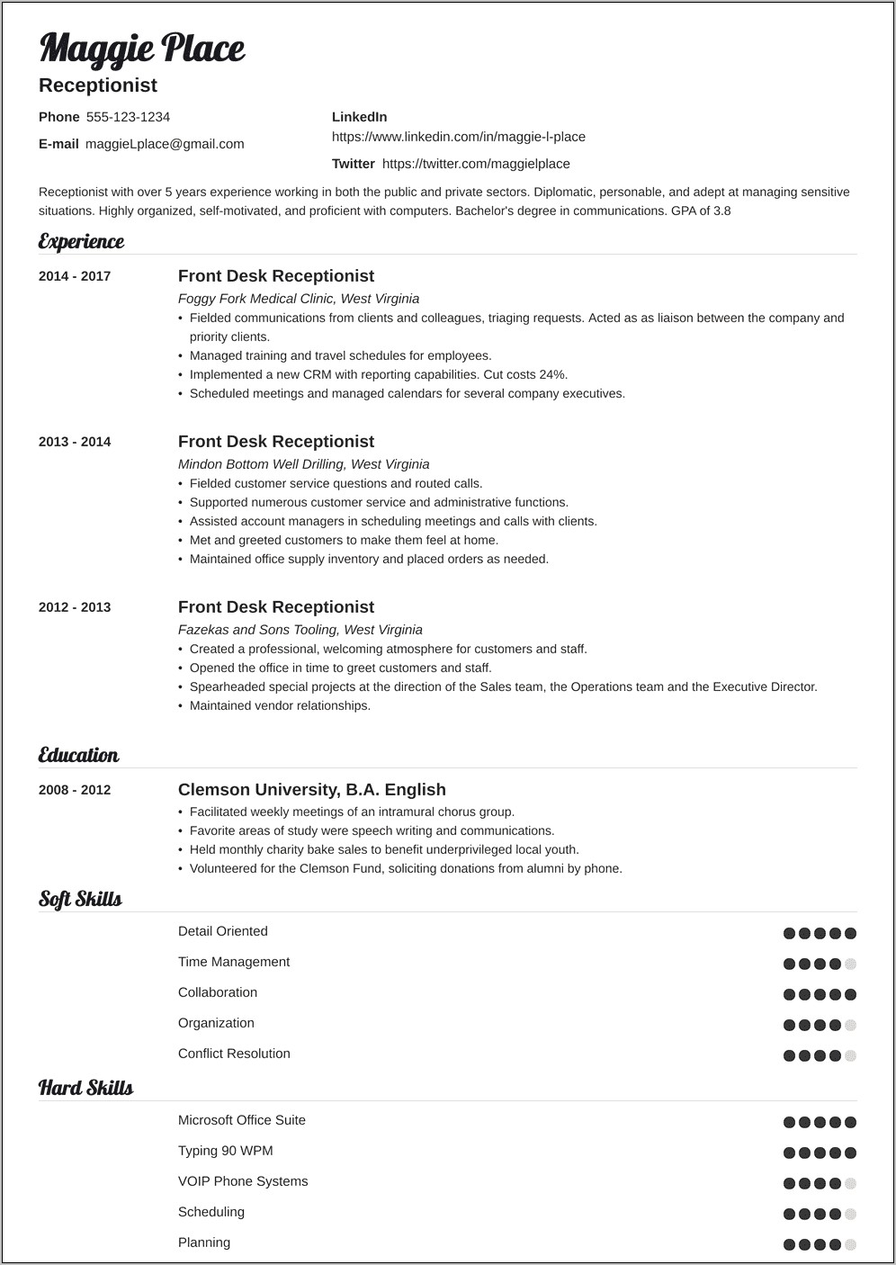 Objective For Resume Examples For Receptionist