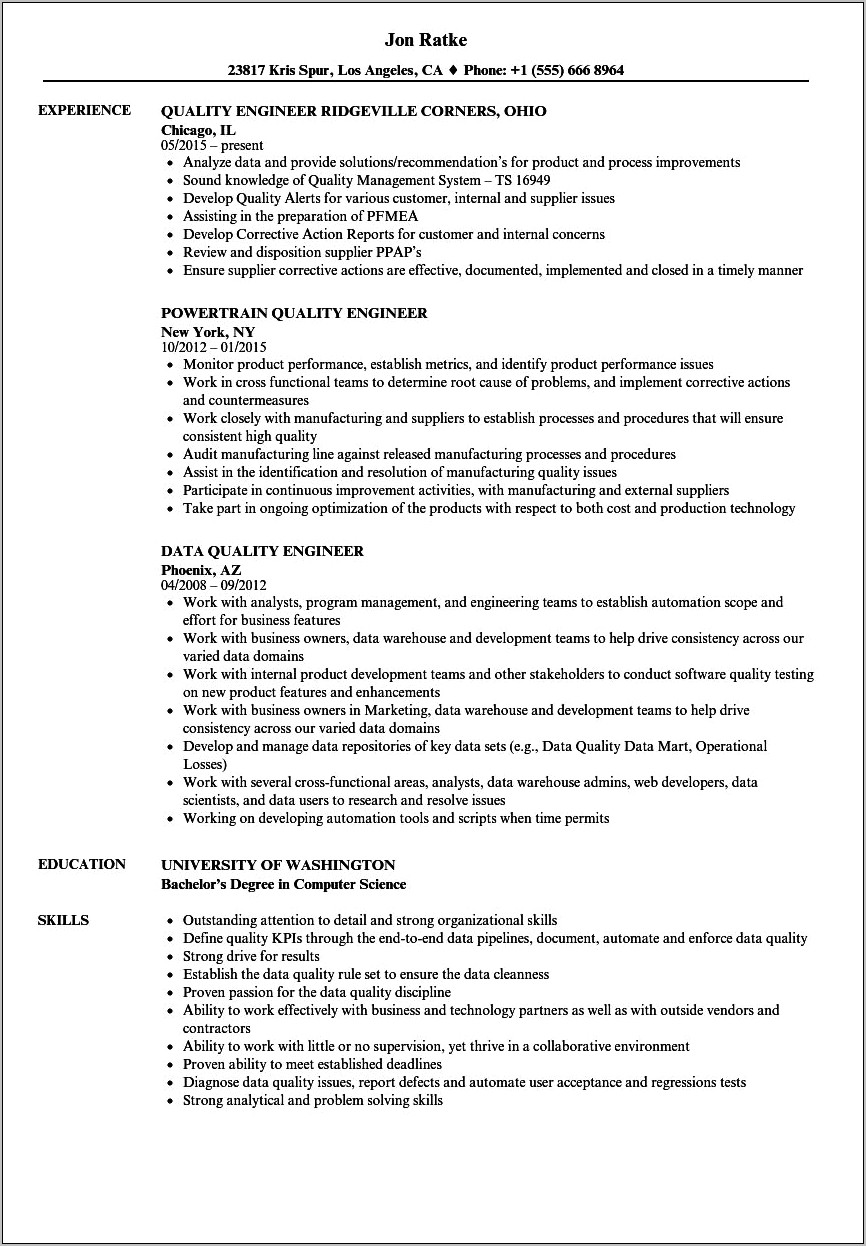 Objective For Resume Quality Engineer
