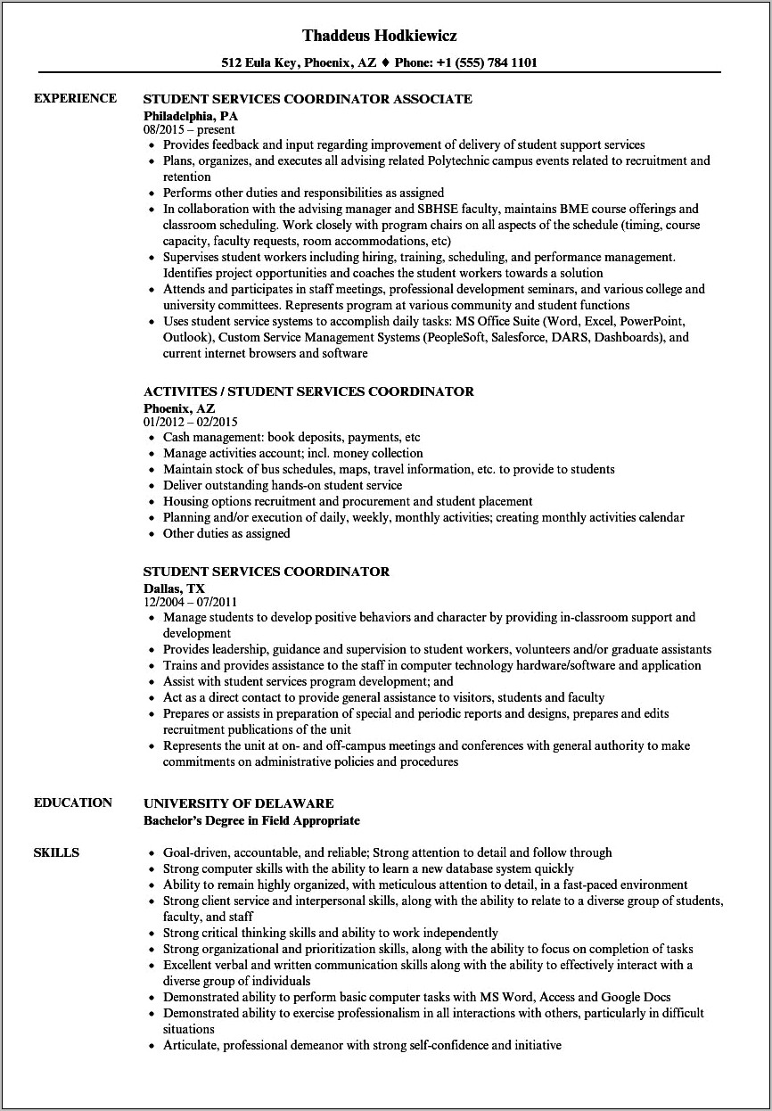 Objective For Resume Student Services Coordinator