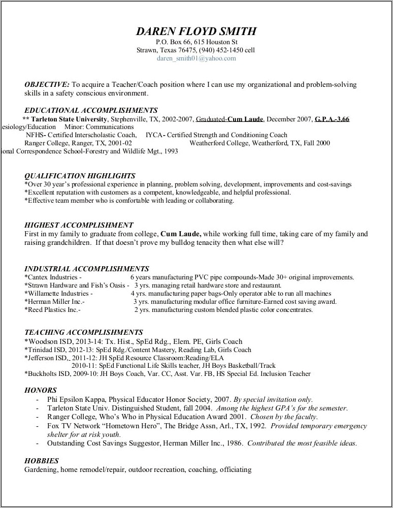 Objective For Teacher And Coach Resume