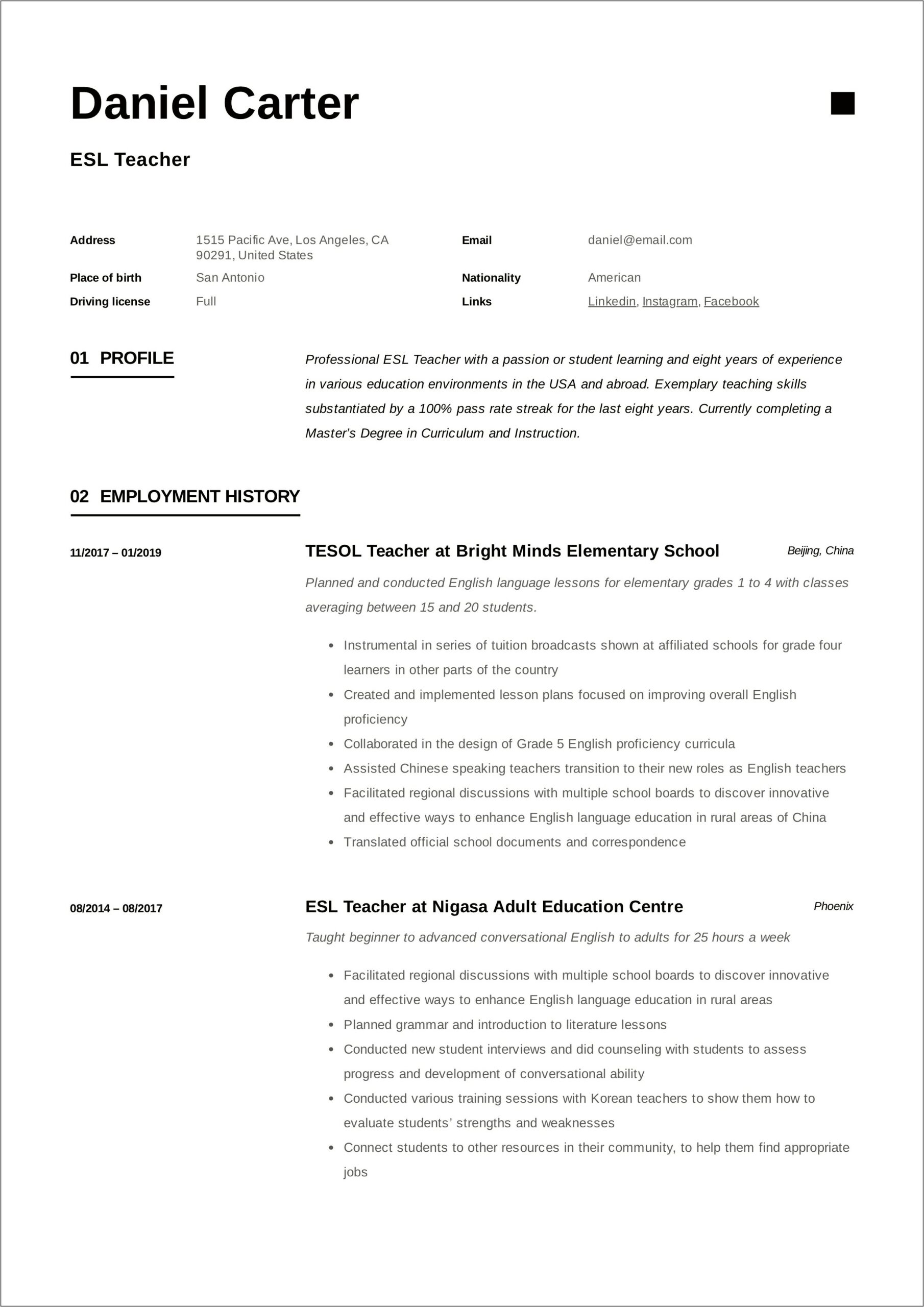 Objective For Teaching English Resume