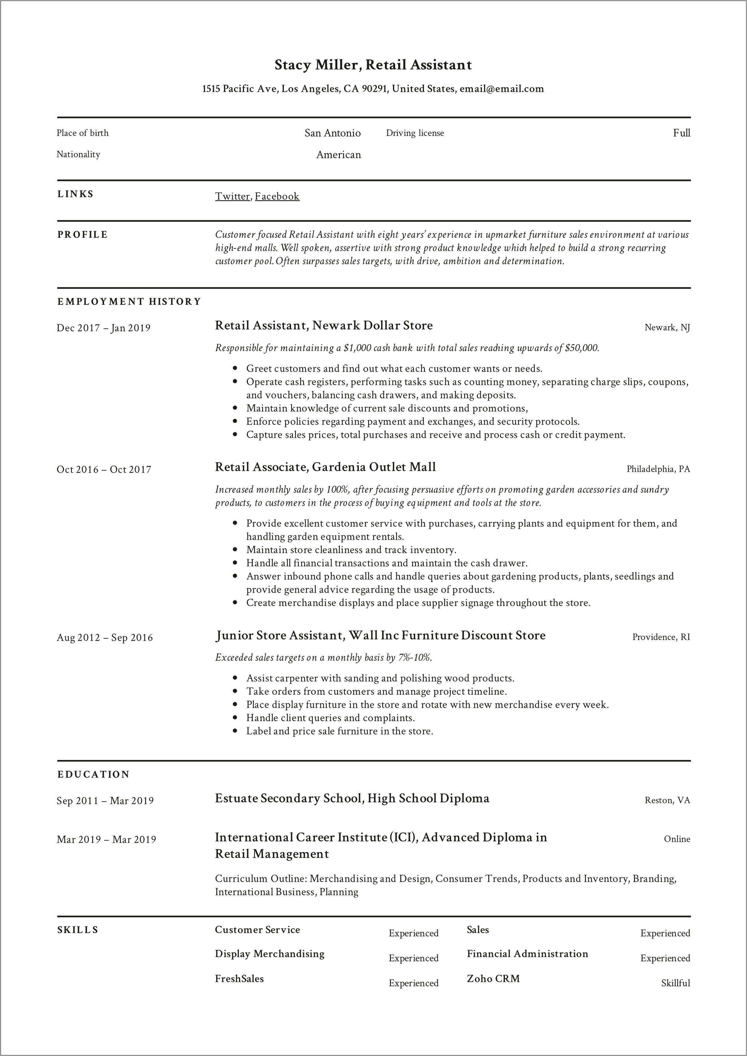 Objective For Working In Retaili Resume