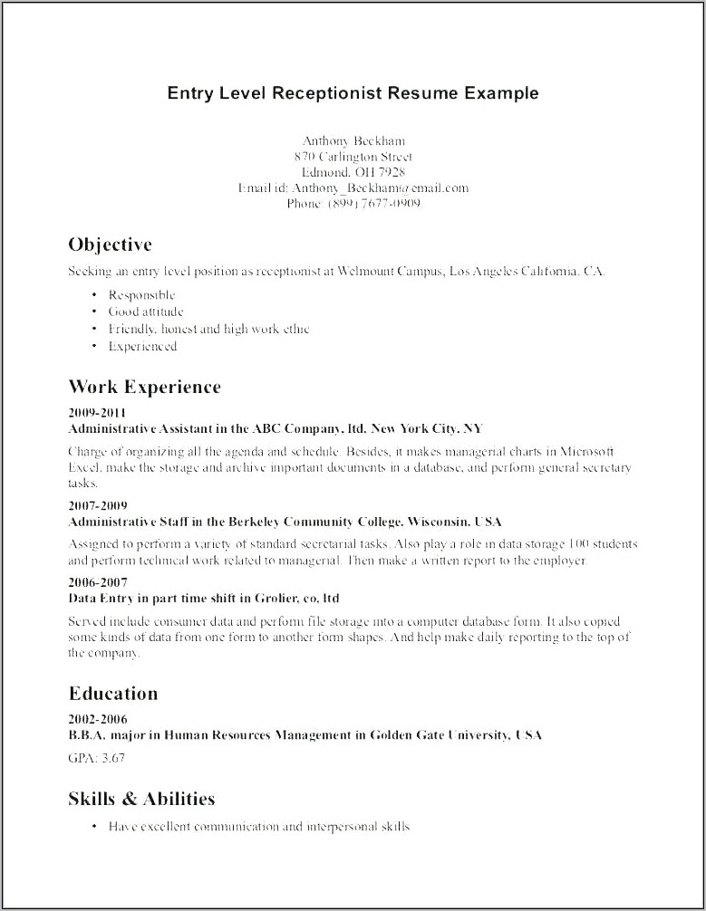 Objective Ideas For Receptionist Resume