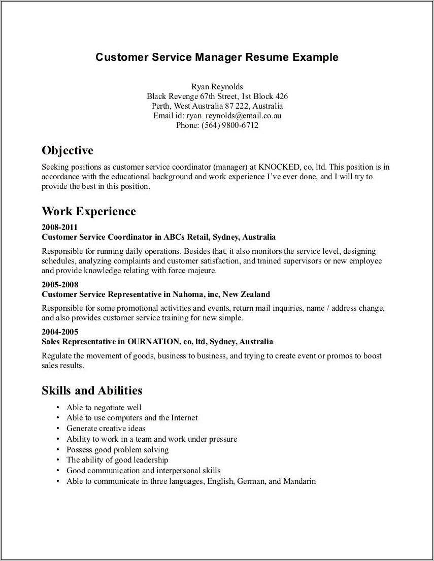 Objective In A Resume For Customer Service Position