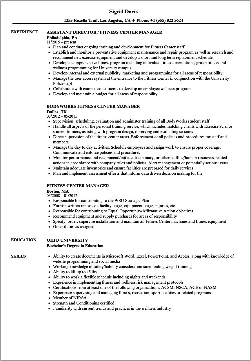 Objective In A Resume For Gym Manager