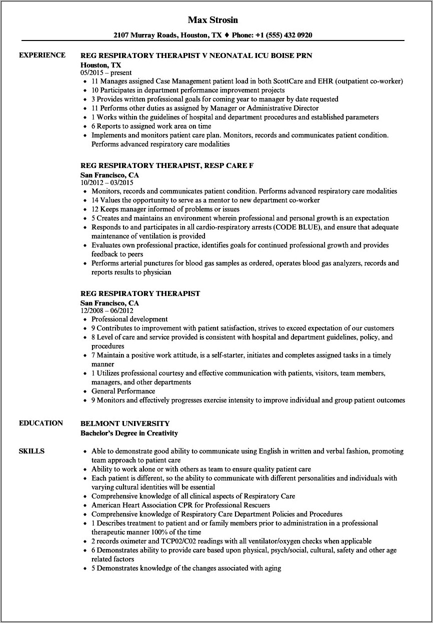 Objective In A Resume For Respiratory Therapist