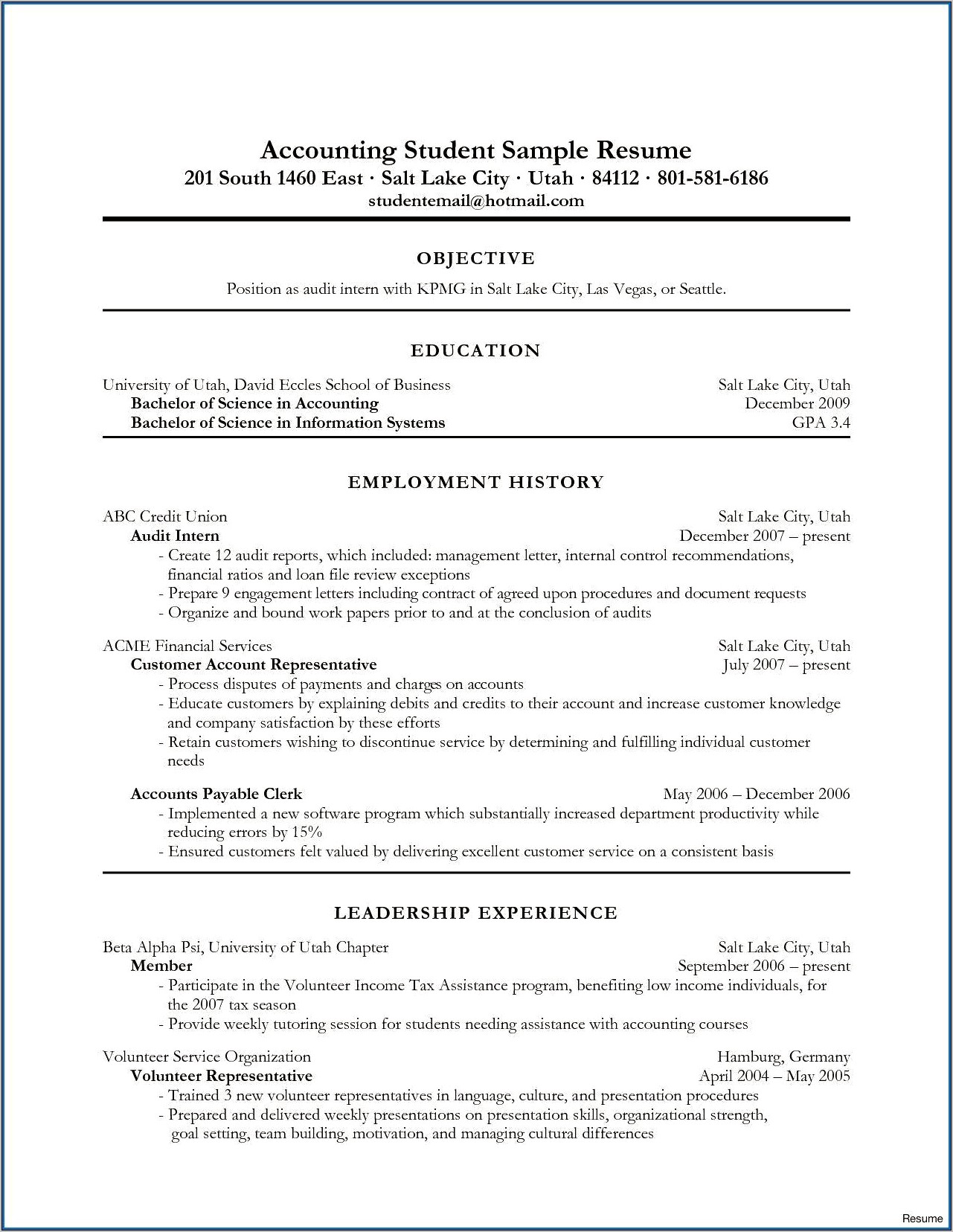 Objective In Resume Examples For Students