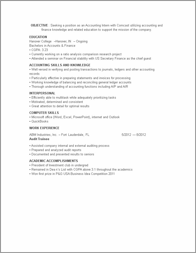 Objective In Resume For Accountant Internship