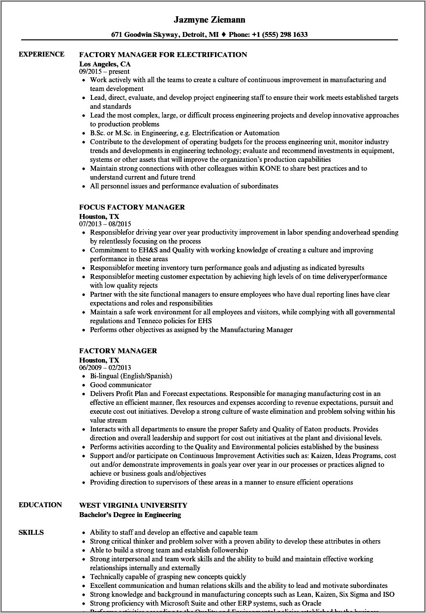 Objective In Resume For Factory Worker