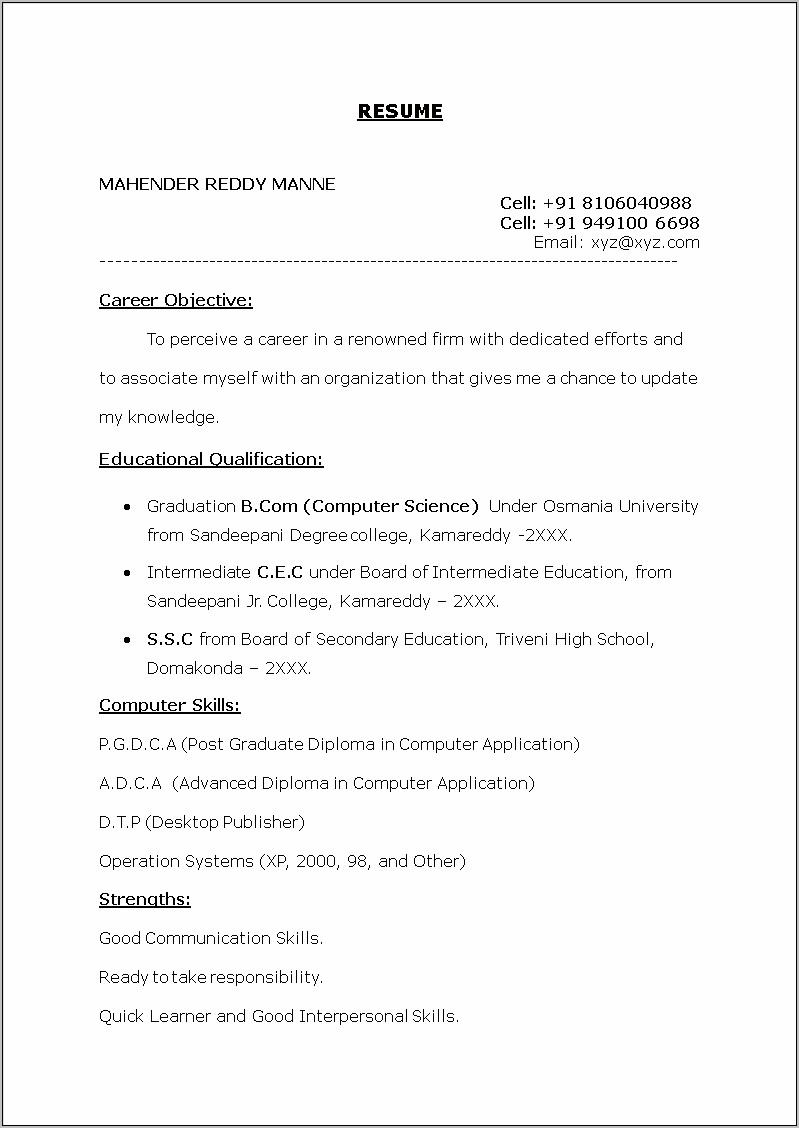 Objective In Resume For Freshers Of B.com