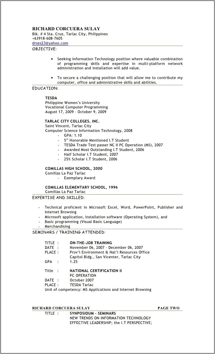 Objective In Resume For Information Technology Students