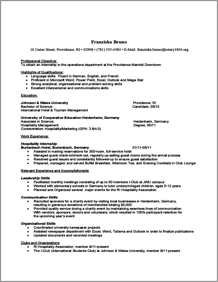 Objective In Resume For Tourism Student