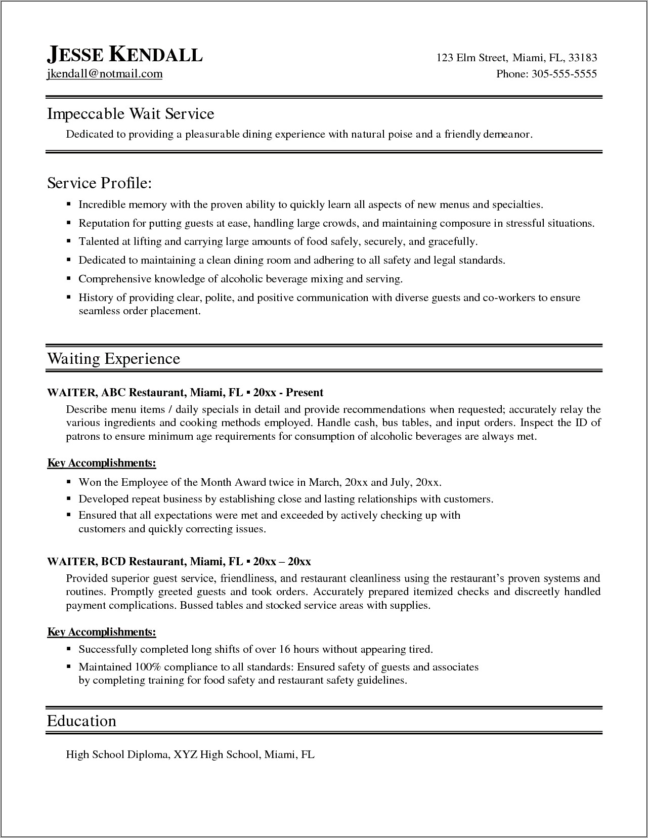 Objective In Resume For Waitress