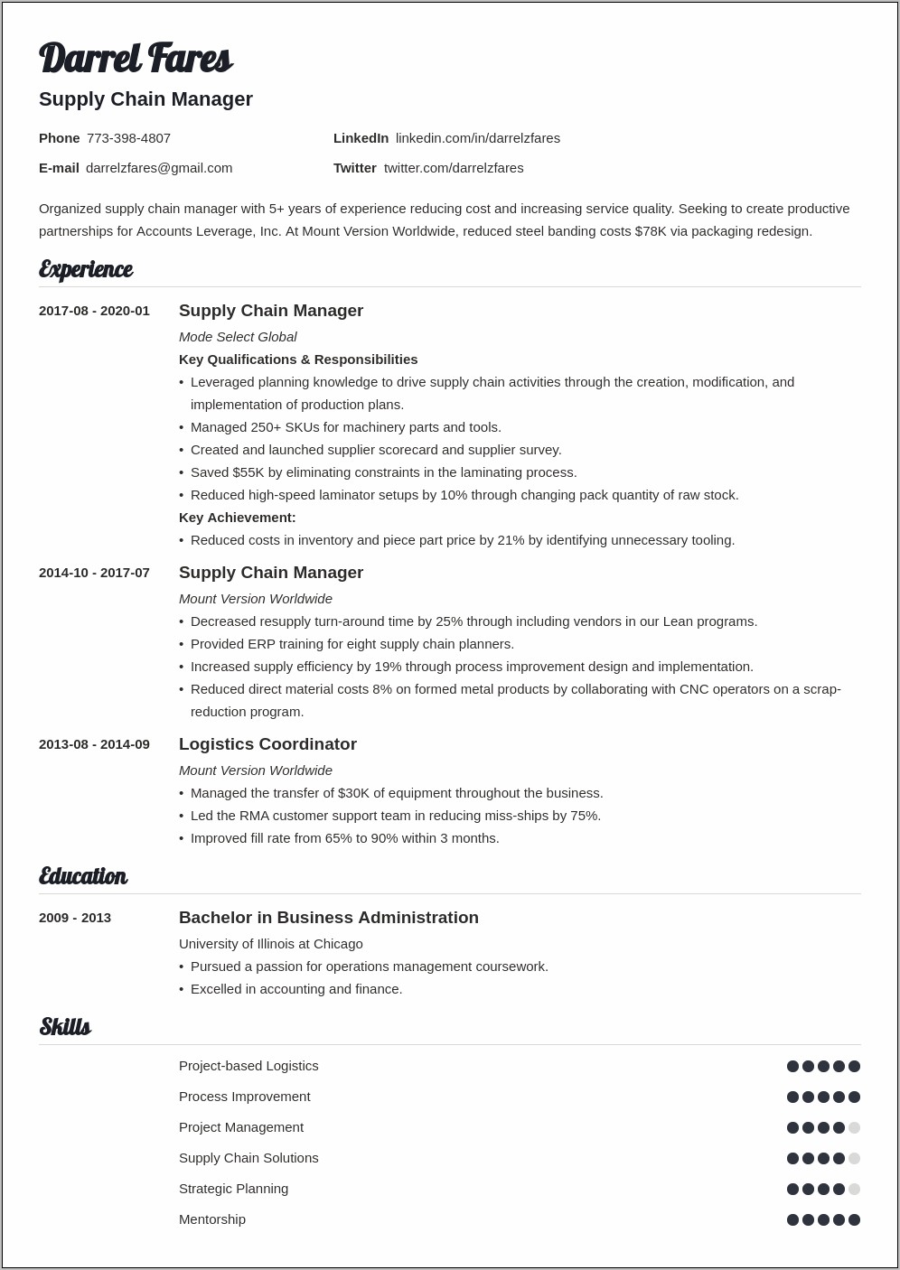 Objective Line For Supply Chain Resume
