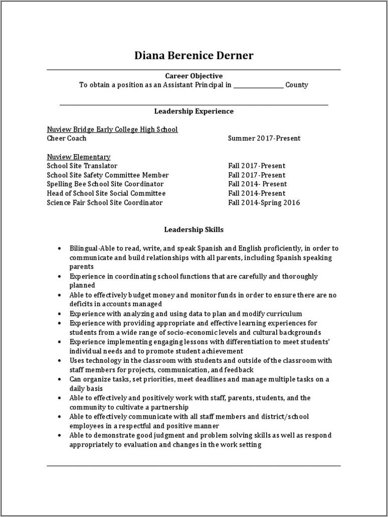Objective Of A Resume Assistant Principal