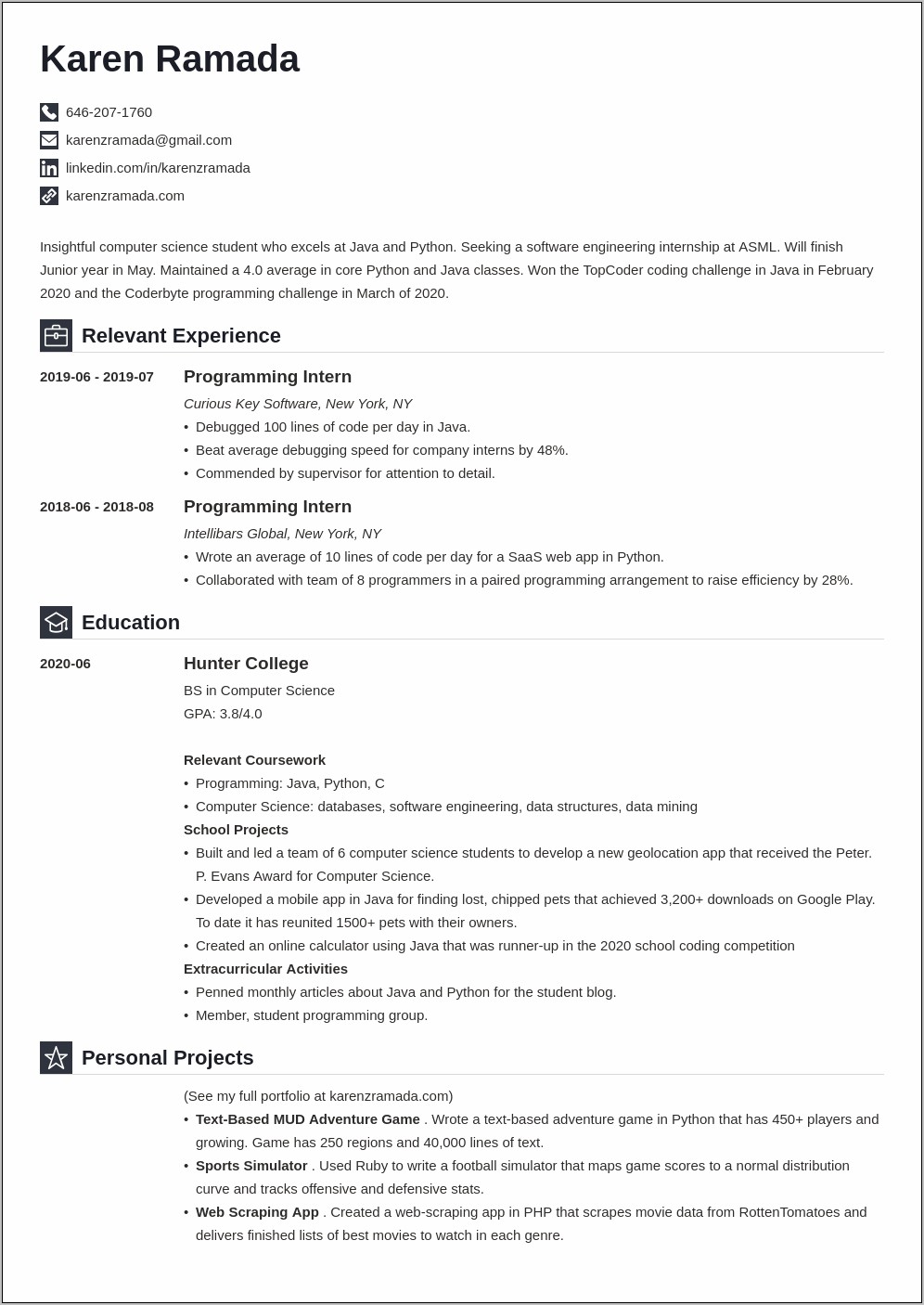 Objective Of A Resume For Computer Science Internship