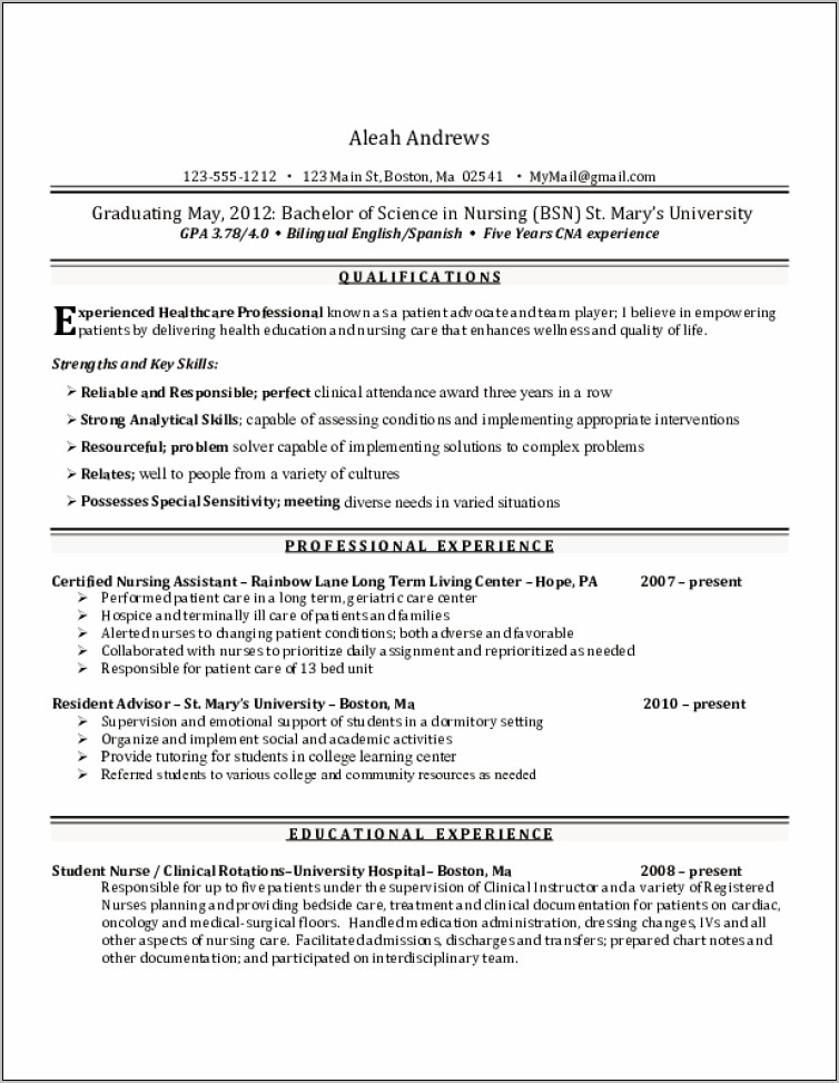 Objective Of Working As A Cna Resume