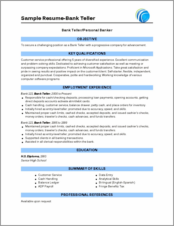 Objective On A Resume For Bank Teller