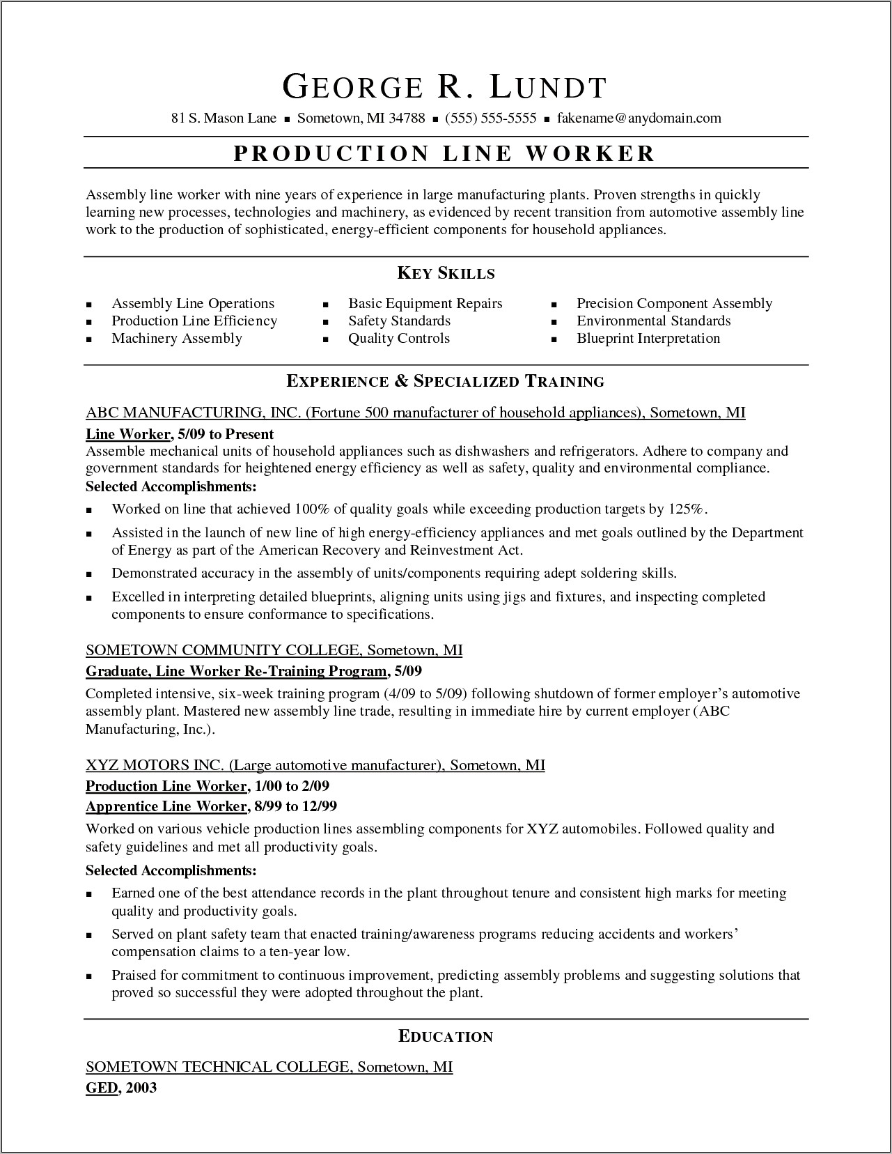 Objective On A Resume For Factory Work