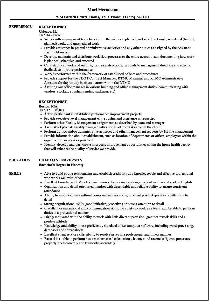 Objective On A Resume For Receptionist Position