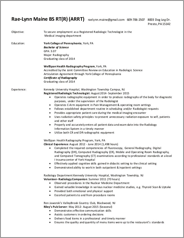 Objective On Resume Examples For Mri Technologist