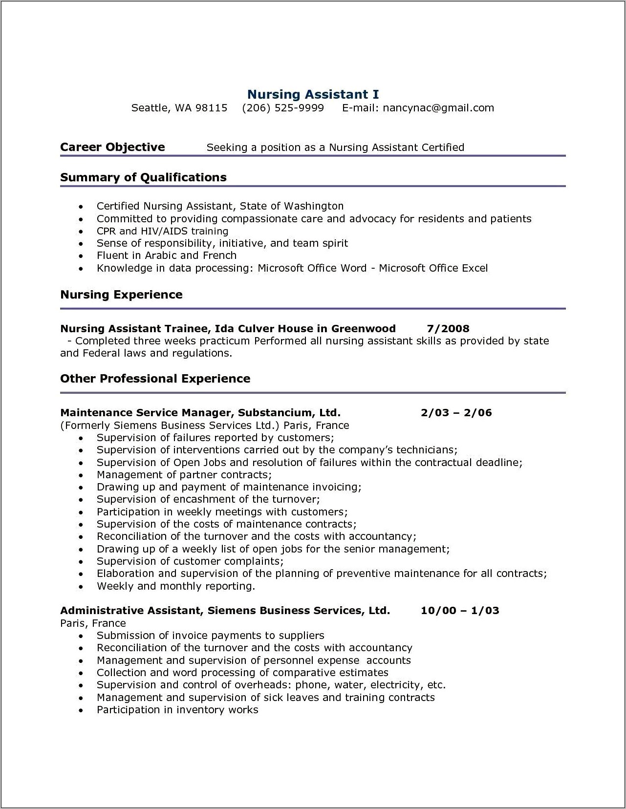 Objective On Resume For Cna Position