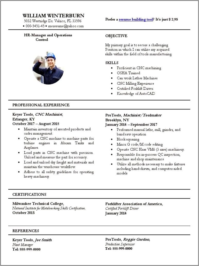 Objective On Resume For Cnc Machinist
