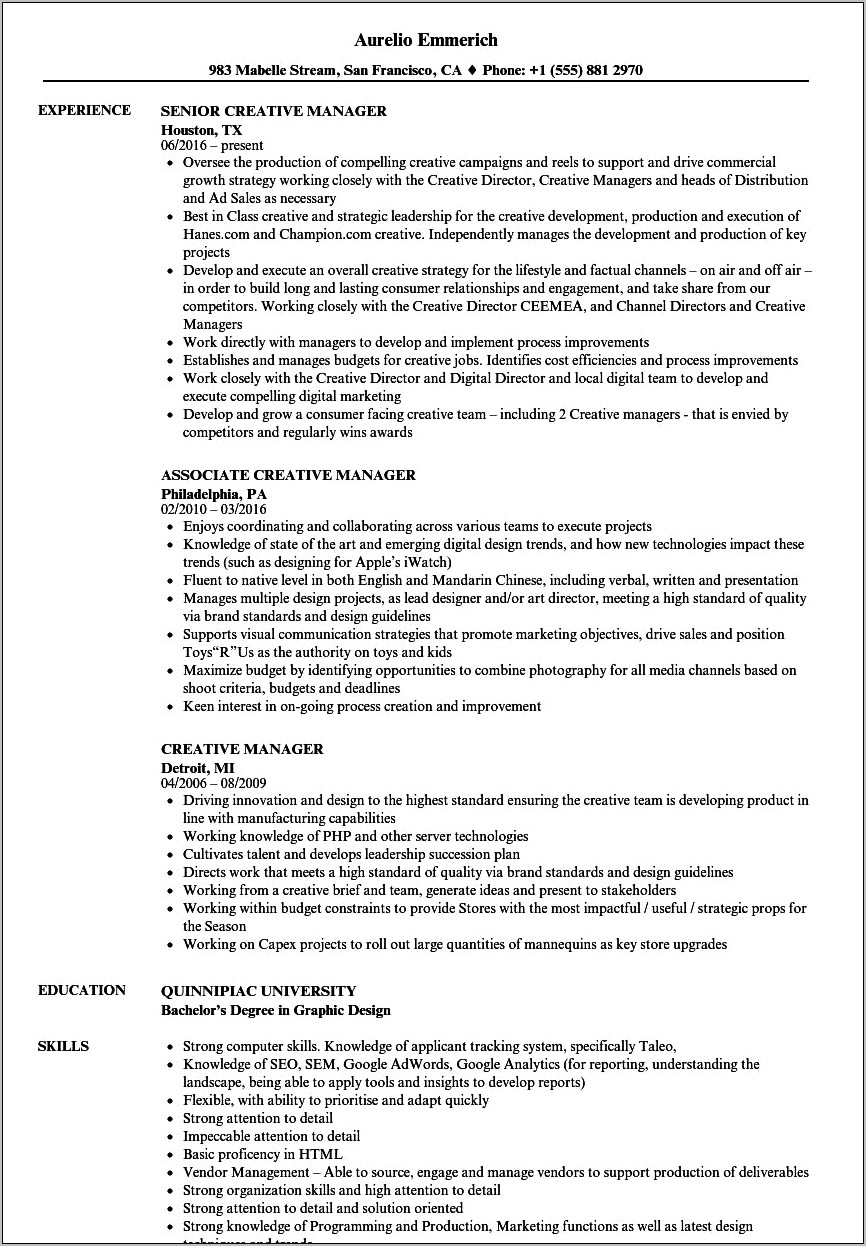 Objective On Resume For Creative Services Manager