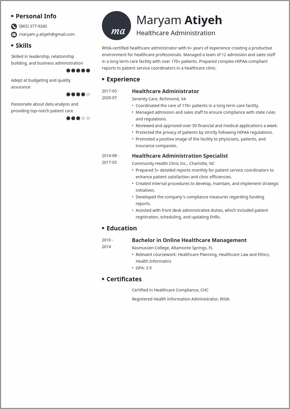 Objective On Resume For Healthcare Administration