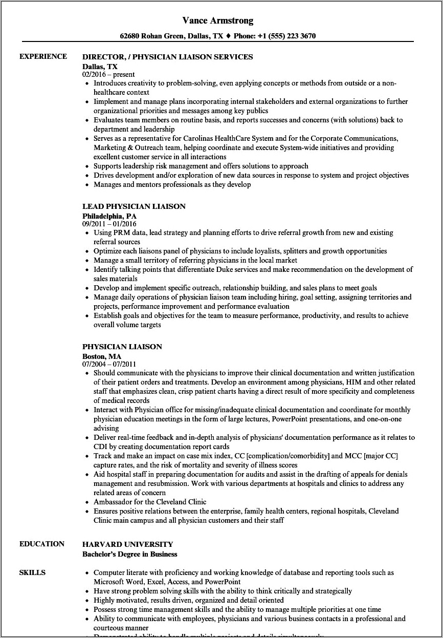 Objective On Resume For Healthcare Liaison