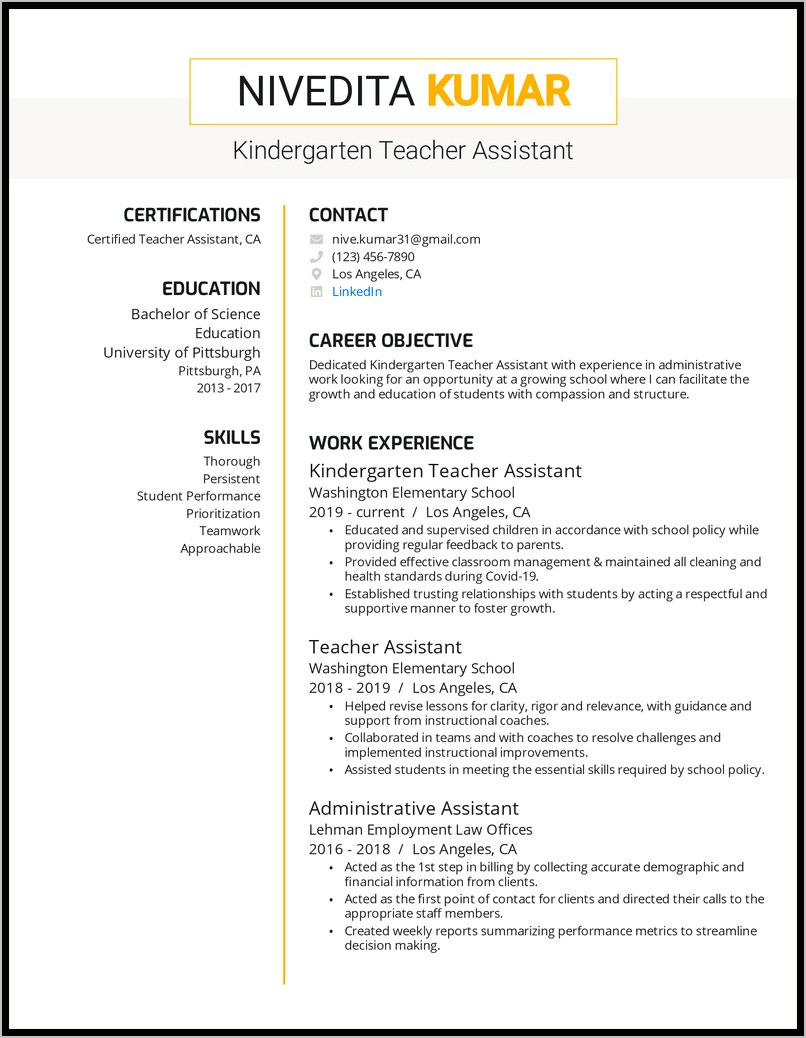 Objective On Resume For Preschool Teacher Assistant