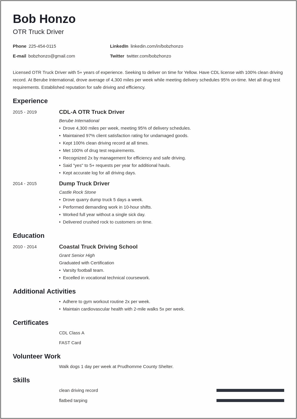 Objective On Resume For Truck Driver