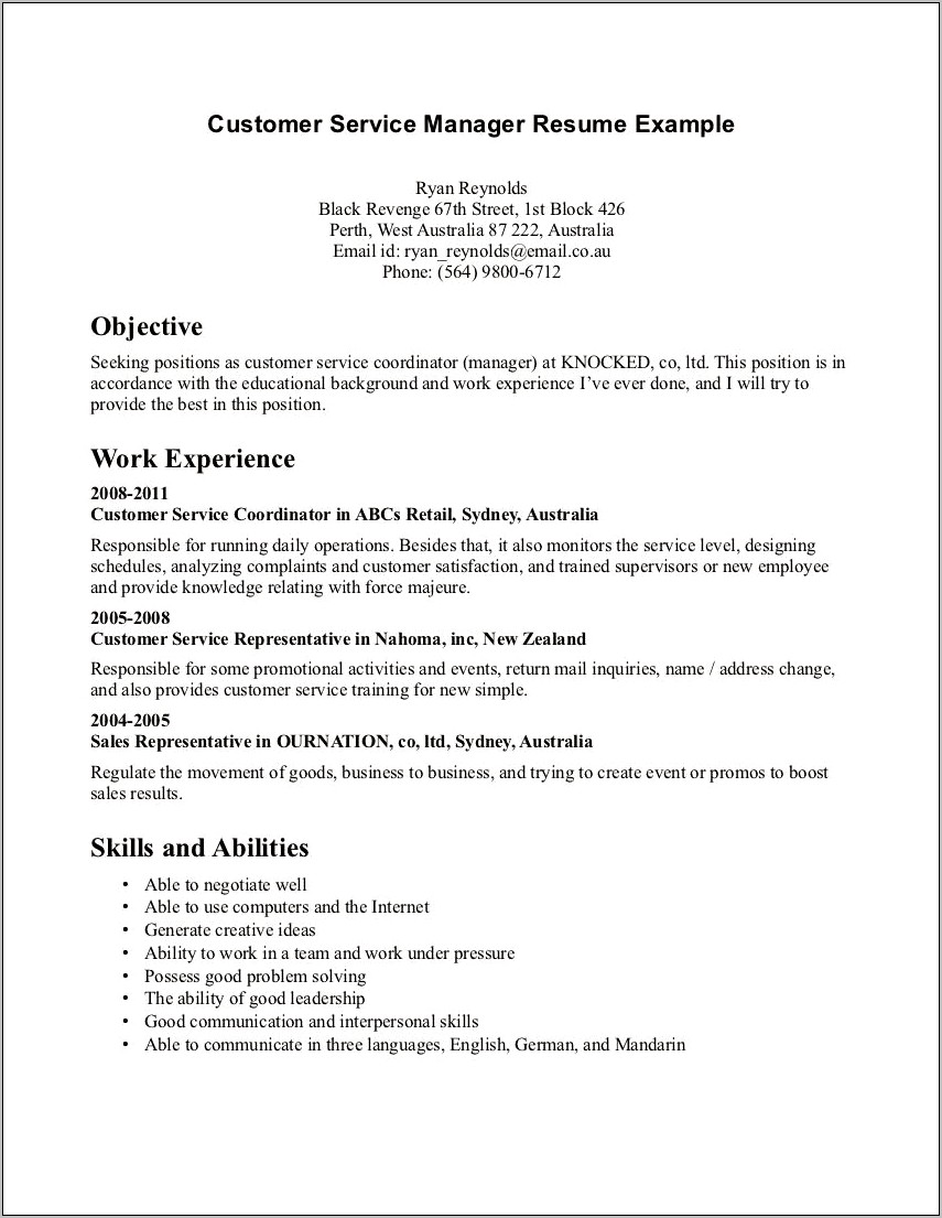 Objective Part Of Resume For Customer Services