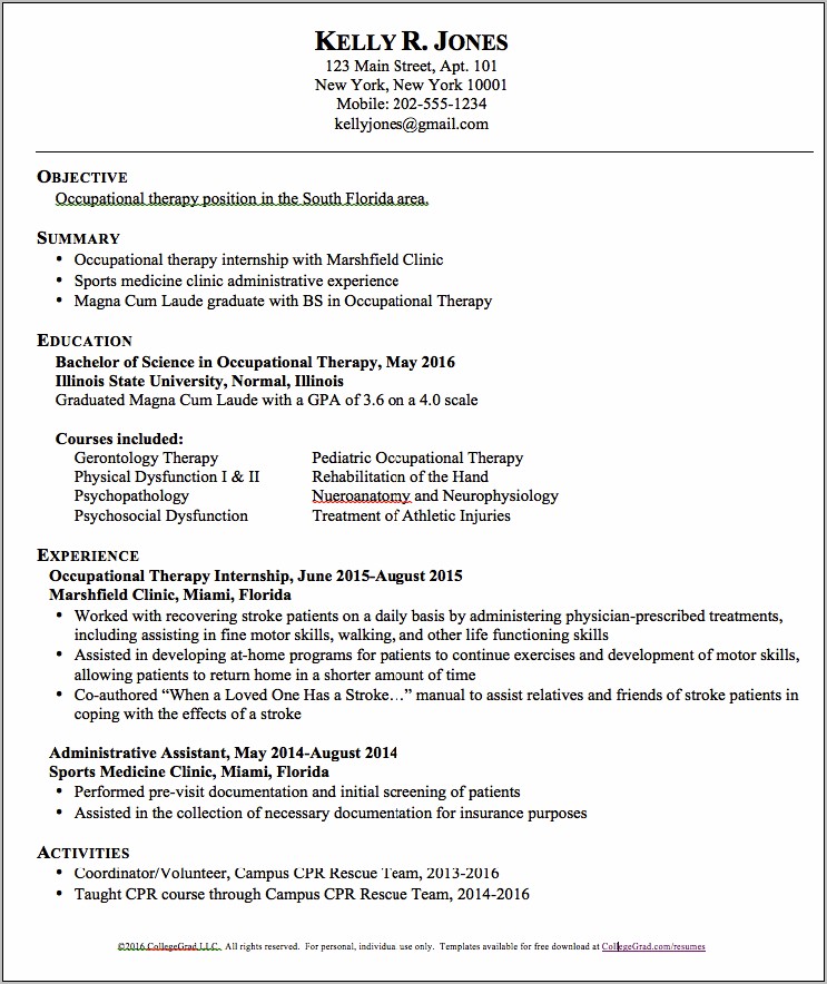 Objective Portion Of Resume Occupational Therapy