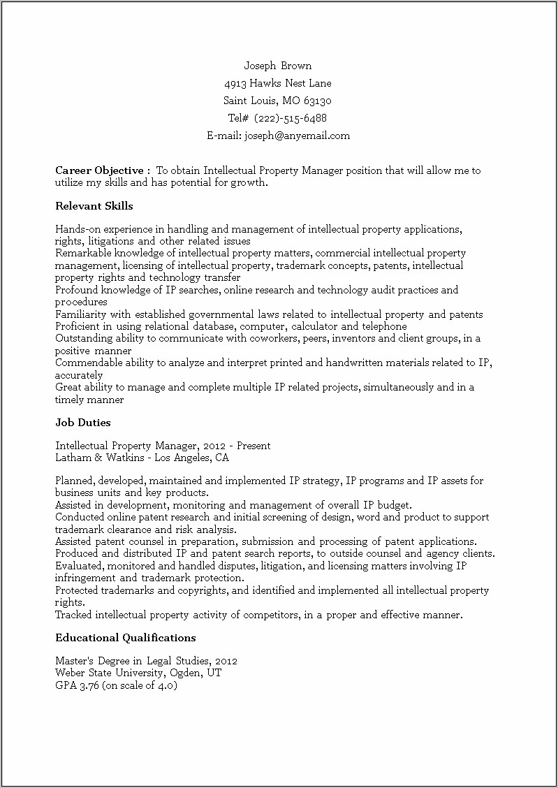 Objective Property Manager On Resume