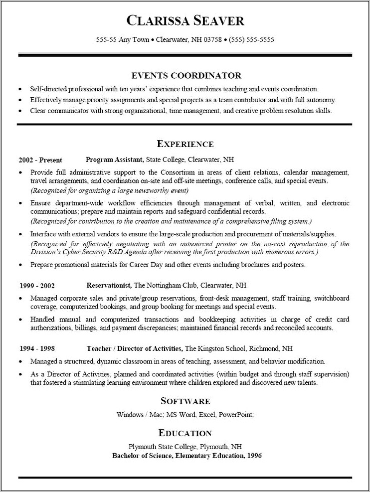Objective Resume Examples For Event Planner