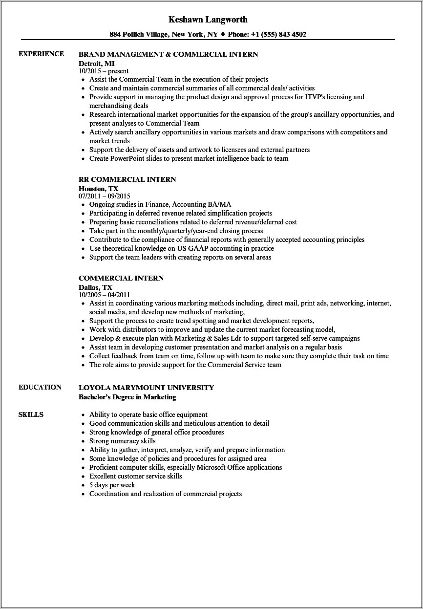 Objective Resume Examples For Internship