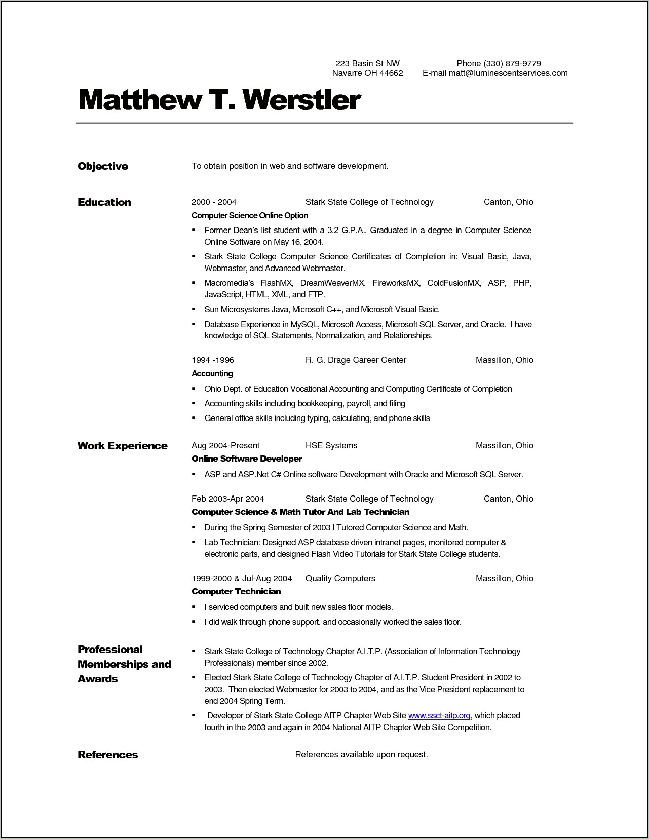 Objective Resume Internship Computer Science