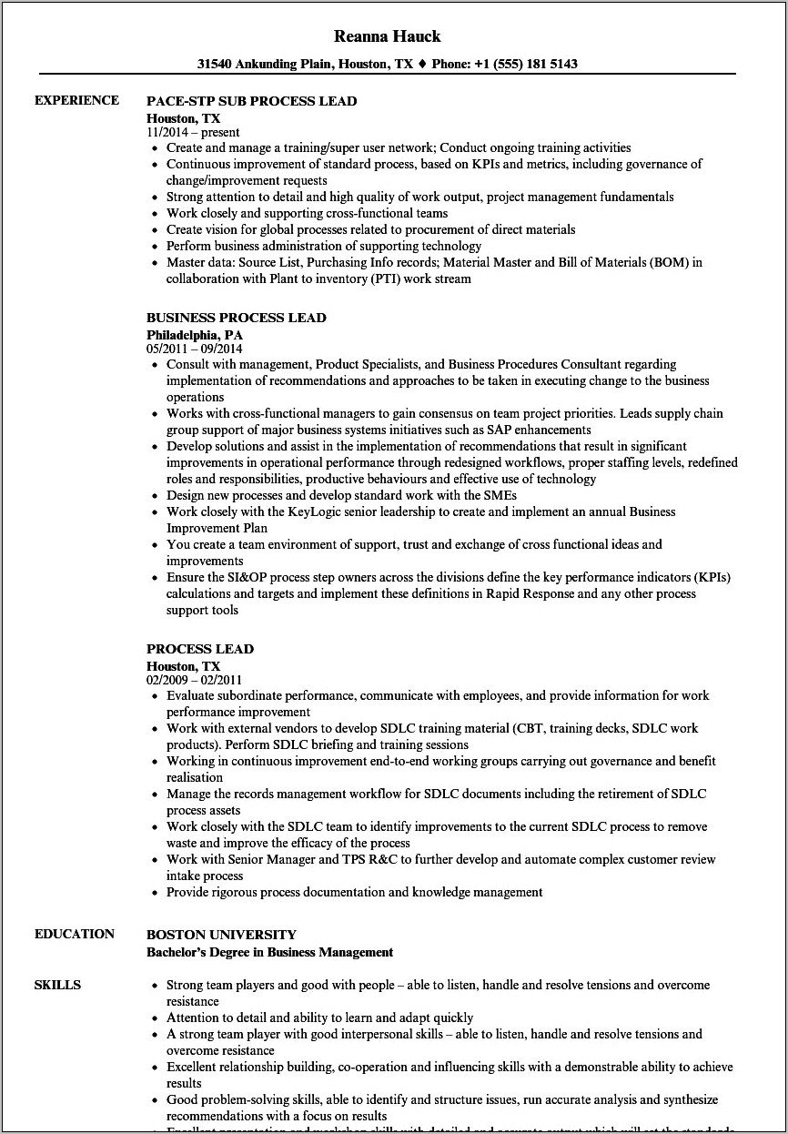Objective Resume Processing Plant Lead Examples