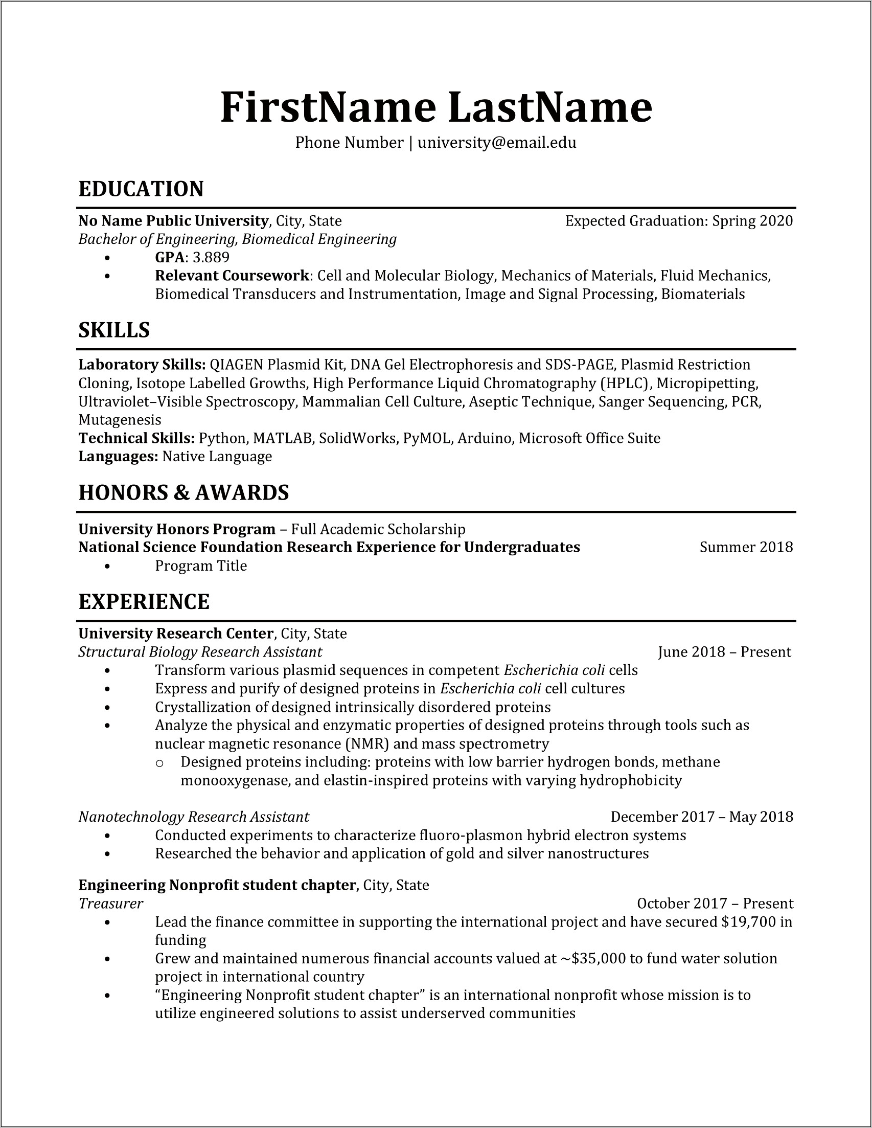 Objective Statement Resume For Biomedical Engineers Internships