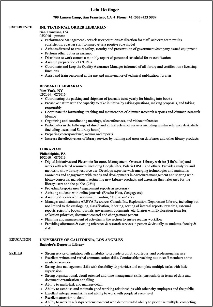 Objectives For Library Work Resume