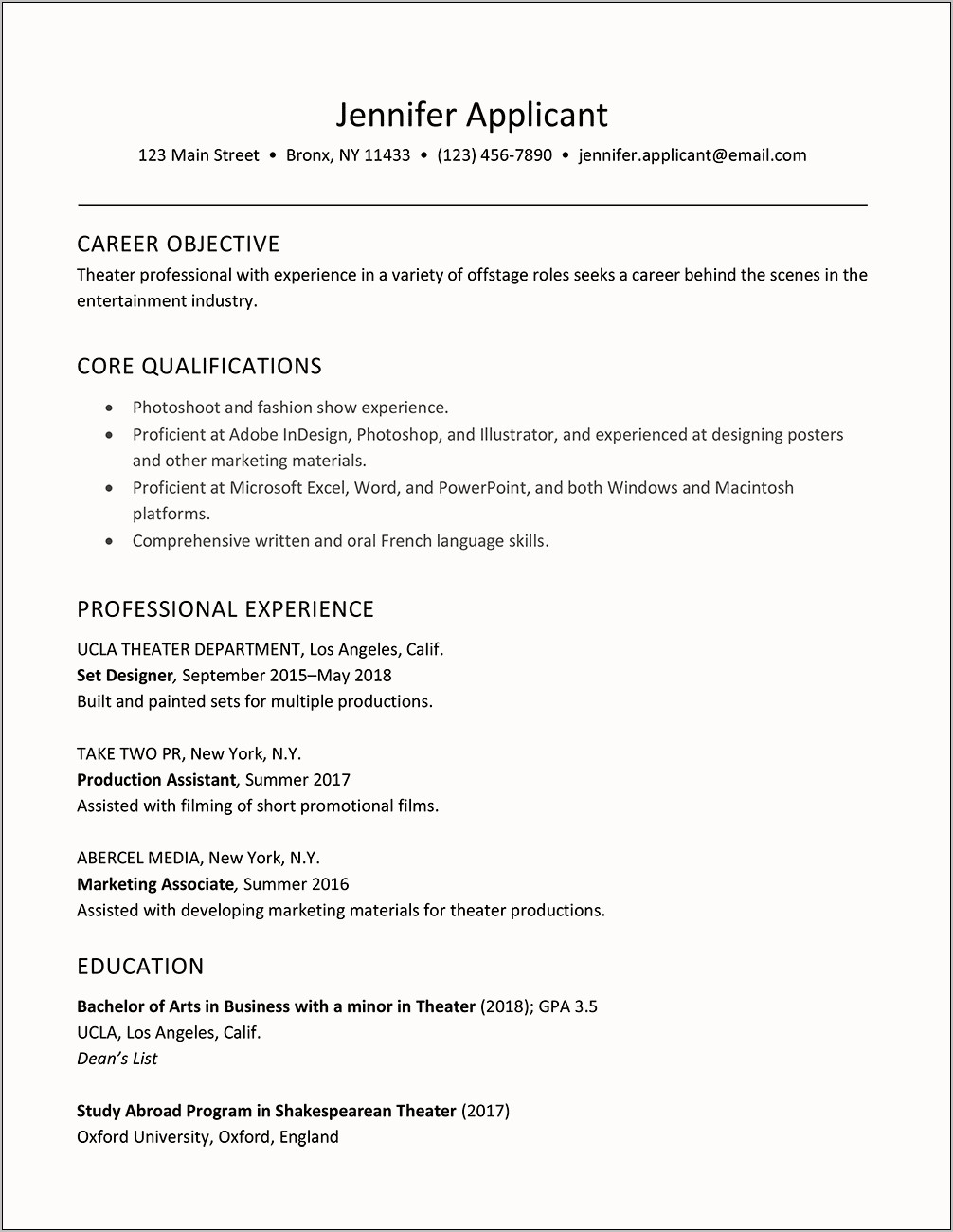 Objectives For Theatre Administration Resume