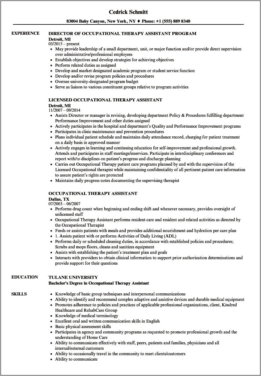 Occupational Therapy Skills For Resume