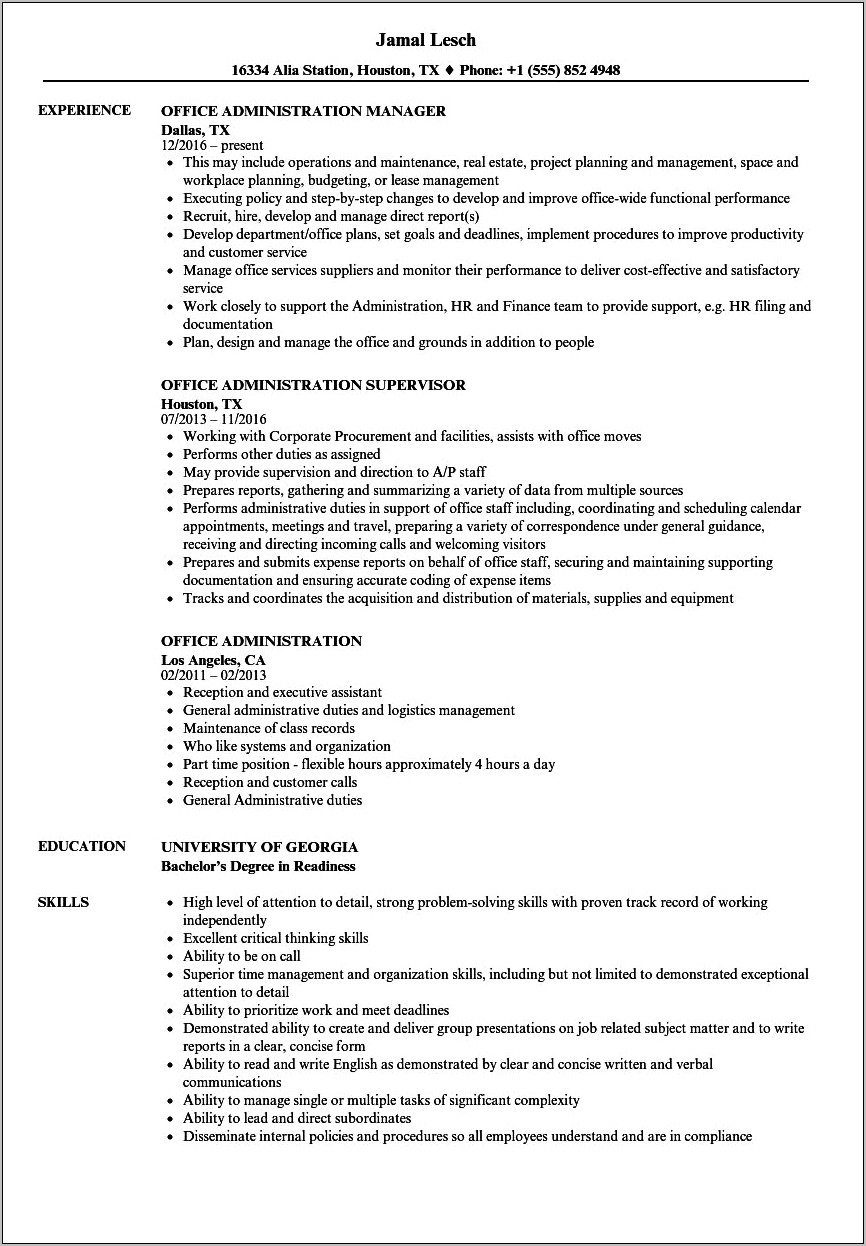 Office Administration Management Resume Format