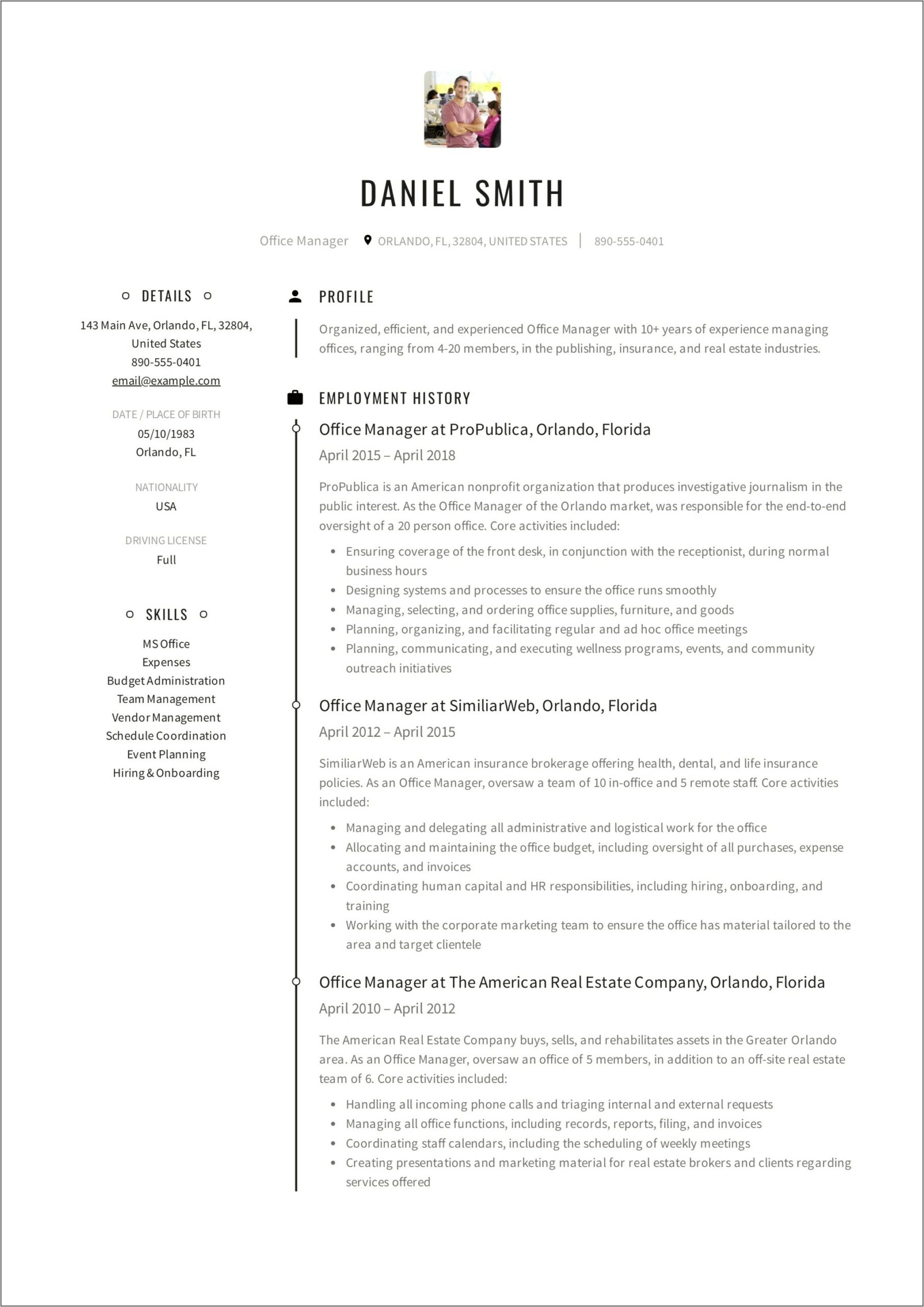 Office Manager Responsibilities Resume Sample