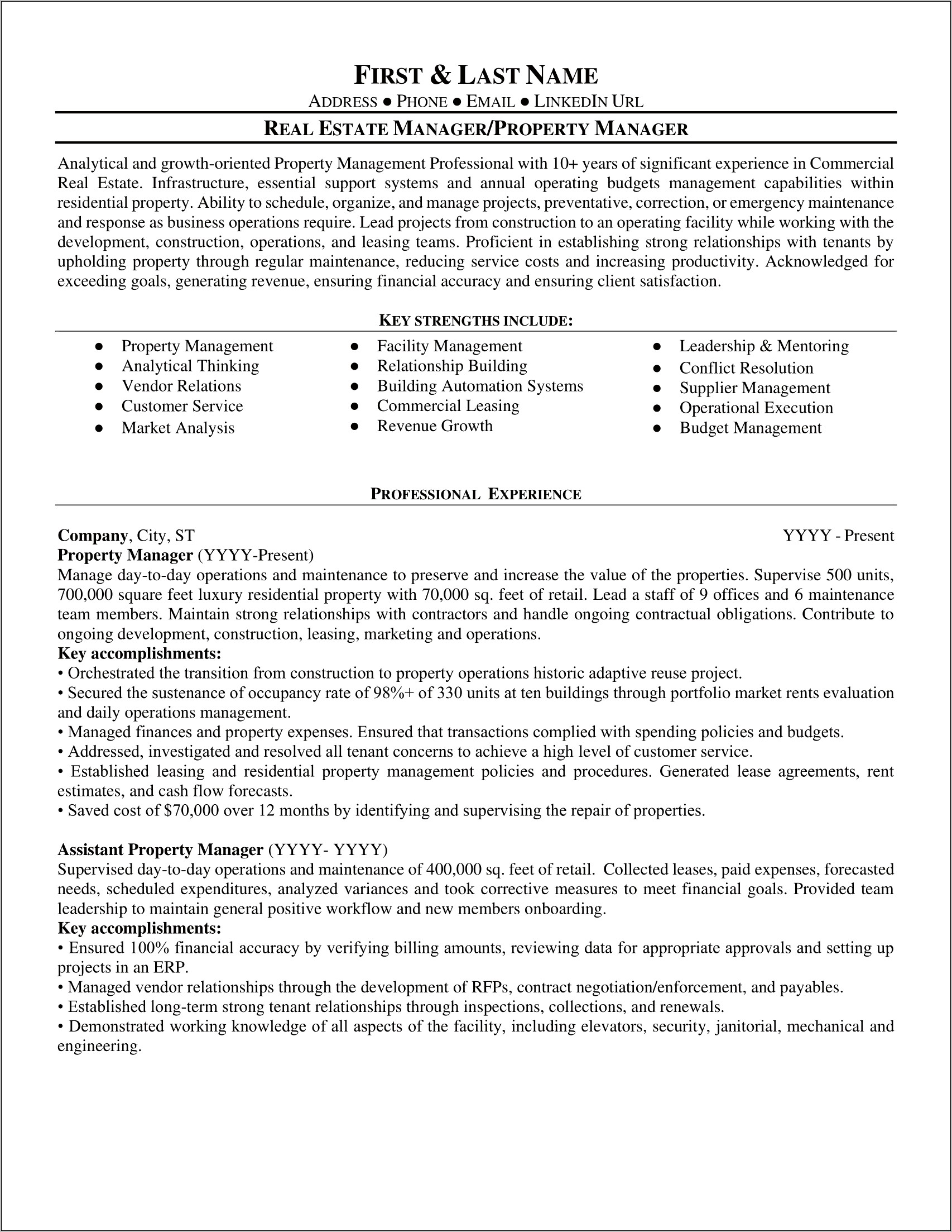 On Site Resident Manager Resume