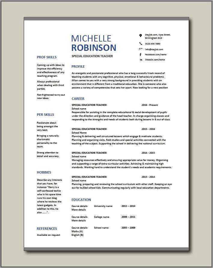 One Page Teacher Resume Examples