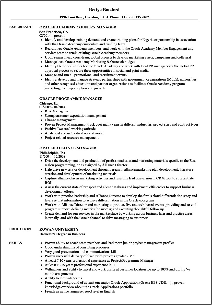 Oracle Cloud Project Manager Resume